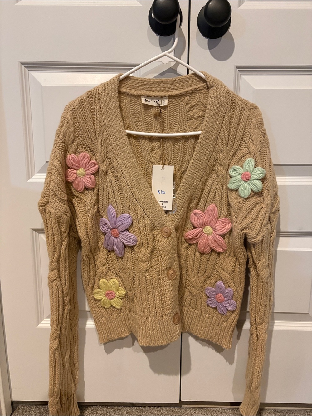 Neutral Floral Cable-Knit Button Cardigan Sweater